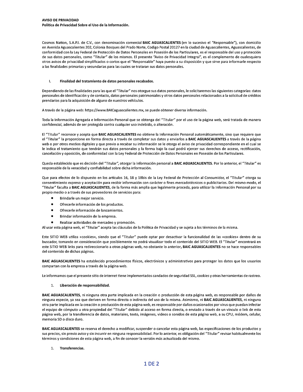 Aviso de Privacidad - Página 1